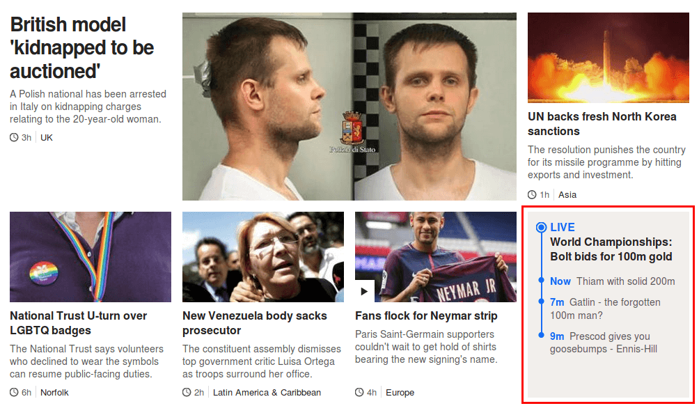 BBC News top stories component, containing a live-updating promo