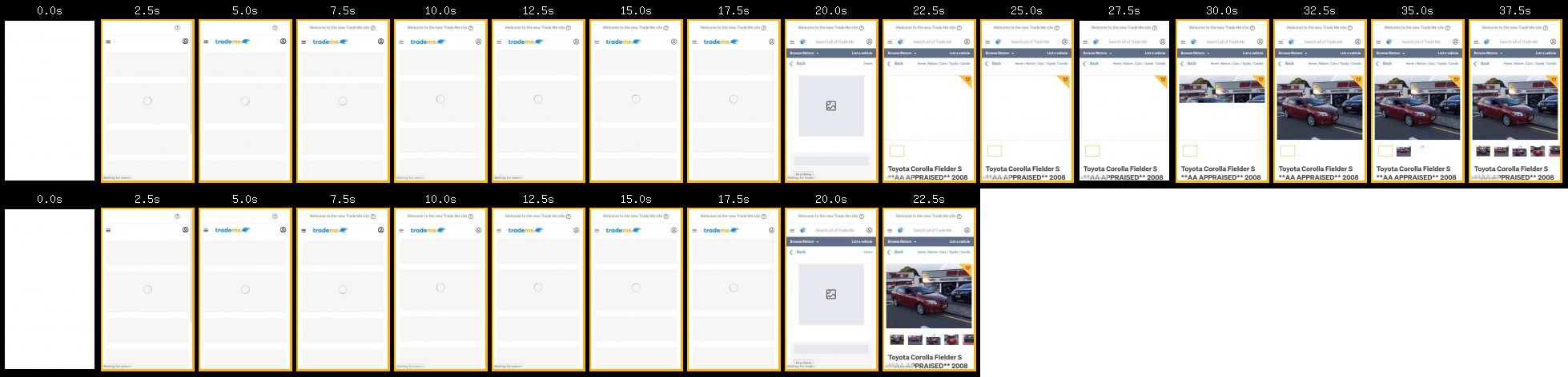 A filmstrip comparison of the original page (top) versus the optimised page (bottom). Frame interval: 2500ms