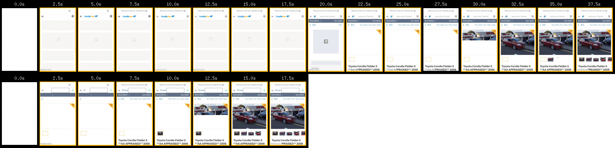 A filmstrip comparison of the original page (top) versus the optimised page (bottom). Frame interval: 2500ms.