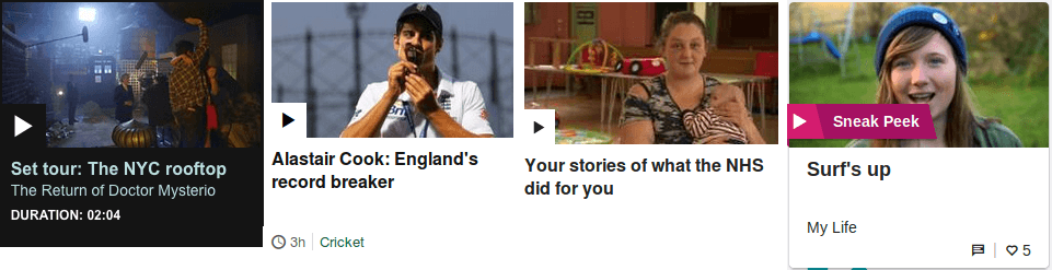 Cards or 'promos' from BBC Programmes, BBC Sport, BBC News, and CBBC.